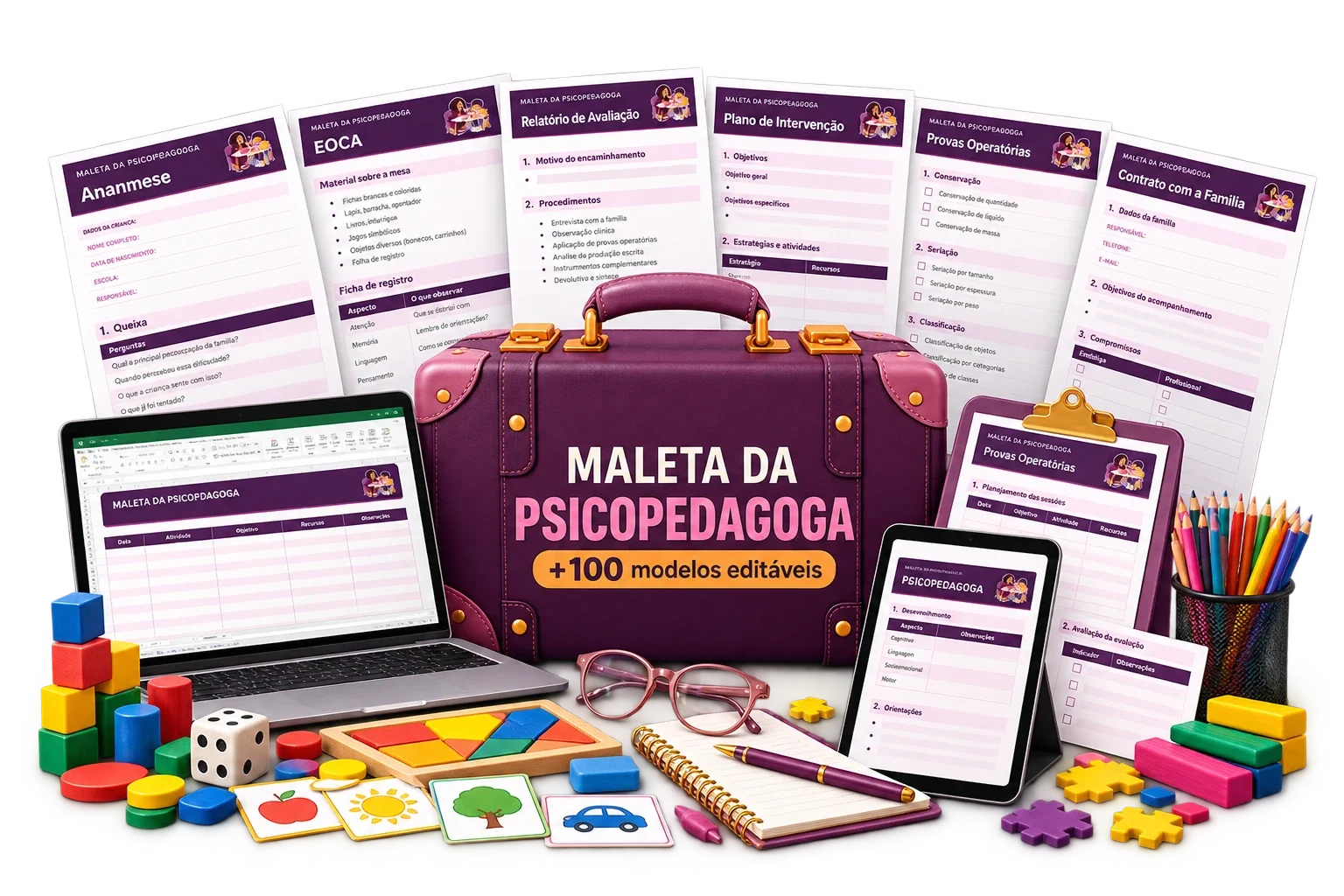 Maleta da Psicopedagoga: maleta com as páginas, tablet e celular